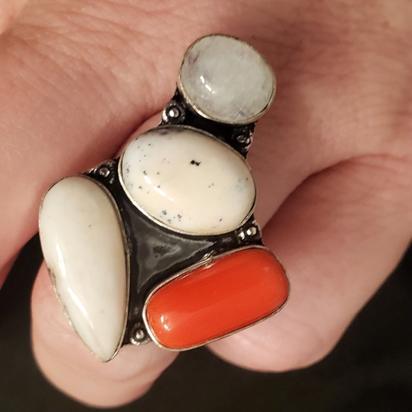 New Dendritic Opal, Coral, Rainbow Moonstone 925 Silver Statement Ring. - Picture 8 of 14